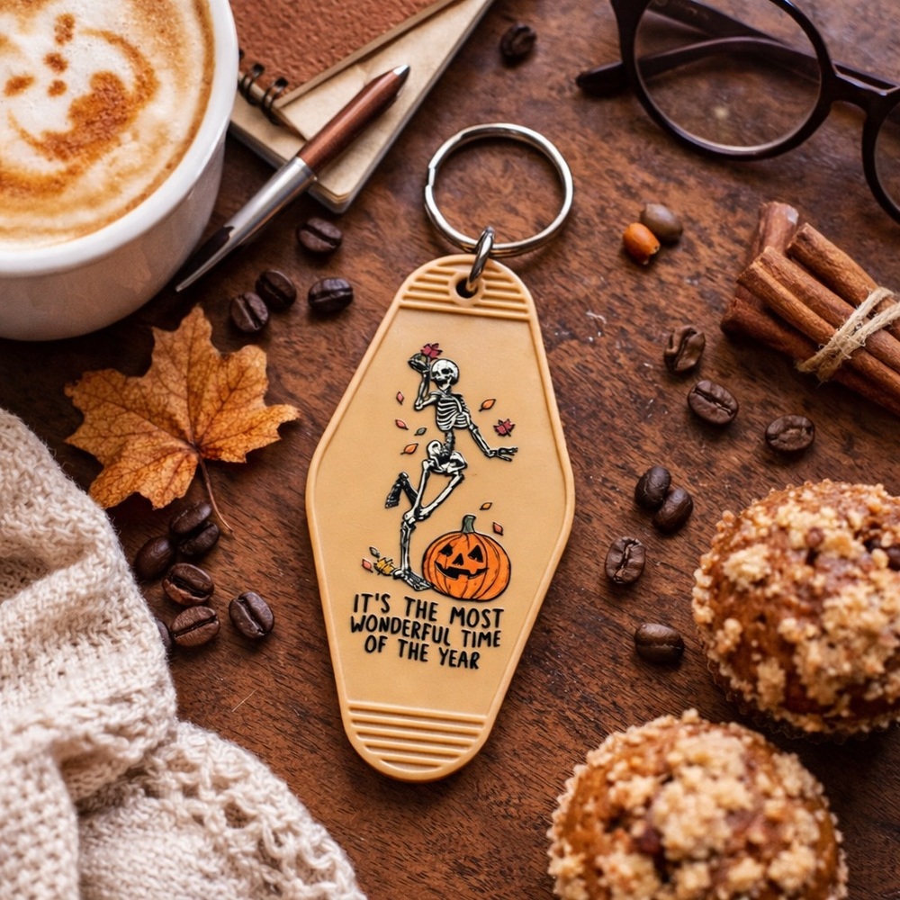 3/$9 Halloween Skeleton Keychain | Retro Motel Tag | Pumpkin Fall Spooky